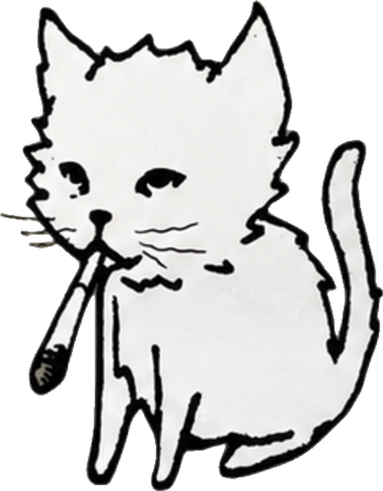 A white line drawing of a kitten sitting against the wall with a cigarette in his mouth